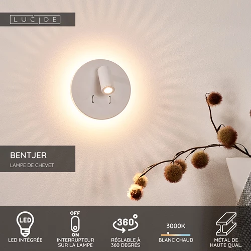 Lucide BENTJER - Lampe de chevet / Applique mural - Ø 14 cm - LED - 3000K - Blanc - USP